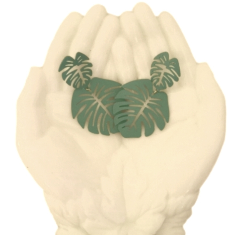 Turquoise Blue Monstera Earrings, Pierced Earrings